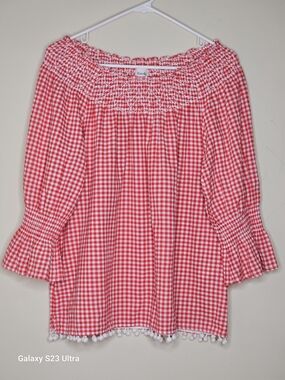 Rafaella Red Gingham Off-Shoulder Top with Pom Trim Size L